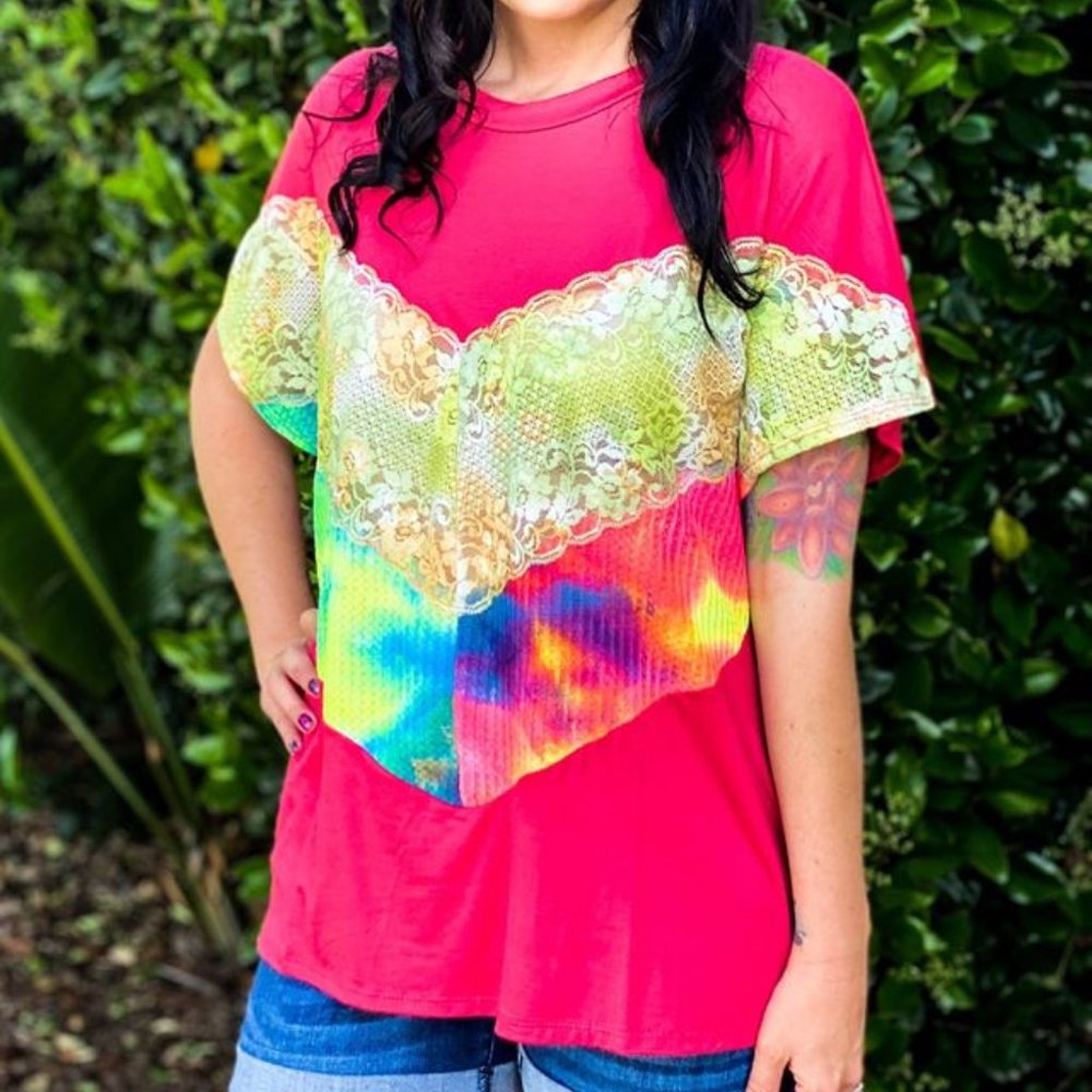 NWT Blumin Short Sleeve Pink Color block Chevron Top Size M